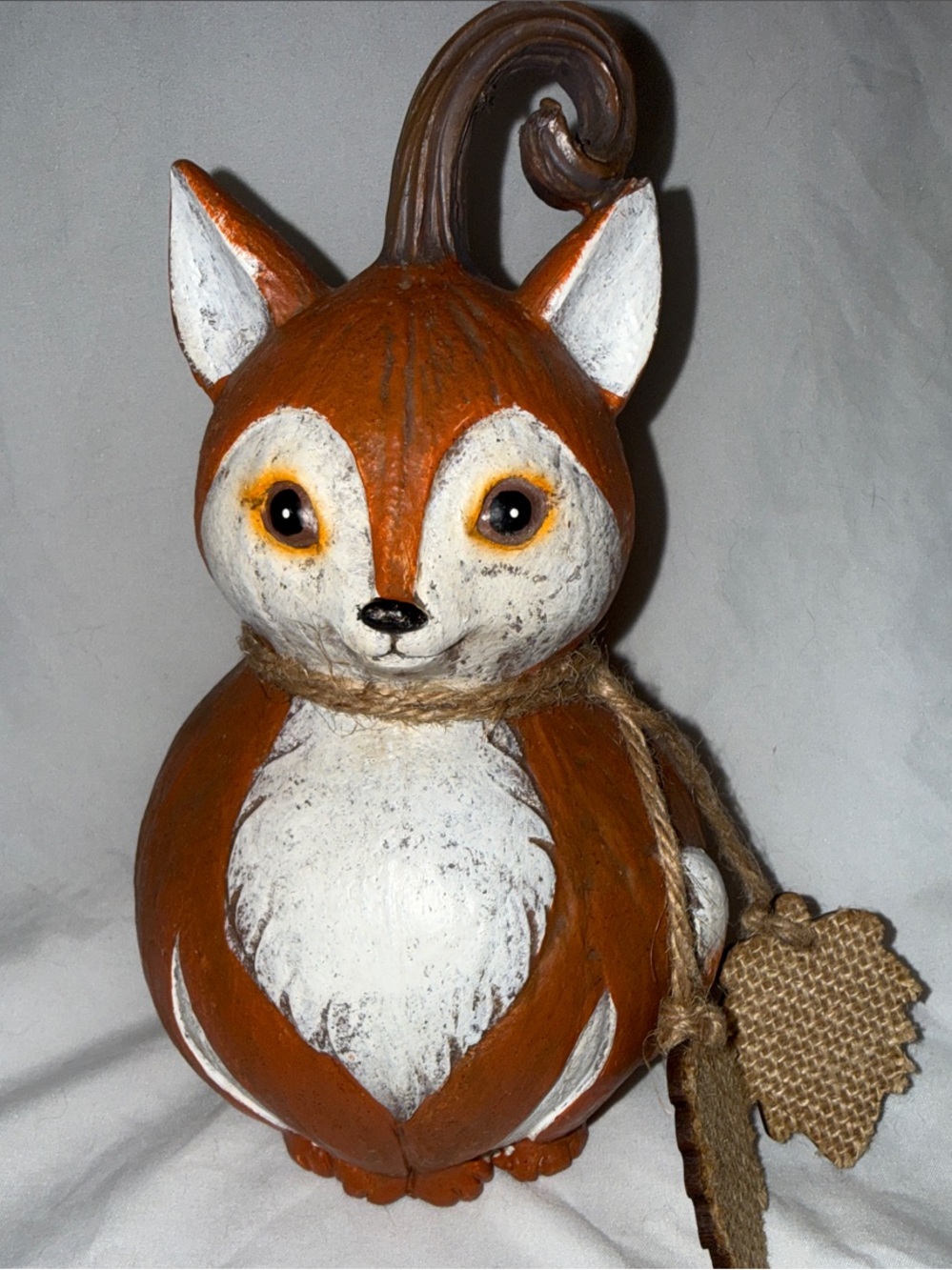 Rustic Orange & White Fox Figurine with Burlap Leaf Accent